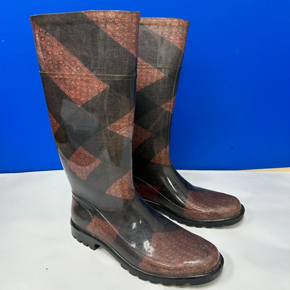 Burberry Black and Brown Check Patterned Rain Boots